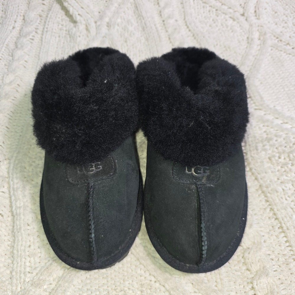 UGG‎ Coquette Slippers Mules Black Suede Shearling Women 7 Excellent